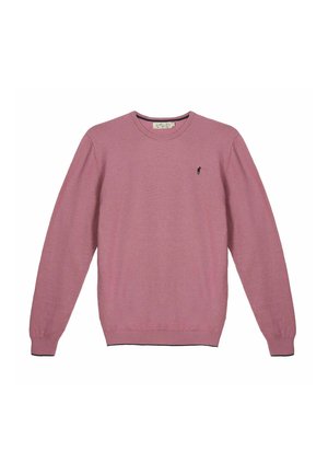 Pull à manches longues et col rond en rose poudré avec petit logo poney noir brodé sur le côté gauche de la poitrine.