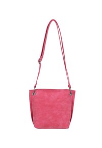 Piccola borsa a spalla in finta suede rosa con una sola tracolla regolabile, apertura superiore e texture morbida. Presenta dettagli metallici e nessun motivo predominante.