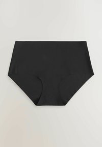 Zwarte hoogkleurige ondergoed gemaakt van gladde stof, met een volledige dekking en ronde beenopeningen voor comfort en pasvorm.