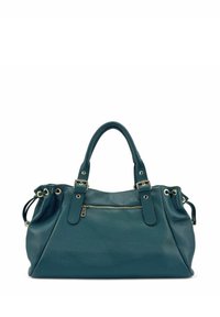 Sac à main en cuir sarcelle avec finition texturée, double poignées supérieures et poche zippée à l'avant. Éléments métalliques dorés et accents de cordon de serrage sur les côtés.