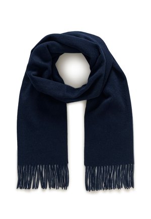Dunkelblauer Wollschal mit Fransenenden, locker in kreisförmiger Form auf weißem Hintergrund gewickelt.