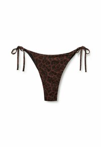 Bikiny kalhotky s leopardím vzorem v tmavě hnědé a černé barvě, s možností nastavení vázání na každé straně a minimalistickým designem pro elegantní fit.