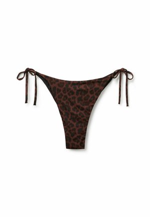 Bikiny kalhotky s leopardím vzorem v tmavě hnědé a černé barvě, s možností nastavení vázání na každé straně a minimalistickým designem pro elegantní fit.