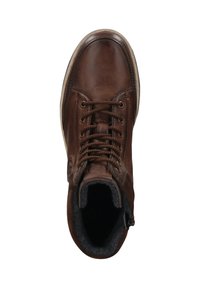 Braune Lederstiefel mit runder Zehenform, strukturiertem Obermaterial, Schnürverschluss, gepolstertem Kragen und dunkel gefüttert.