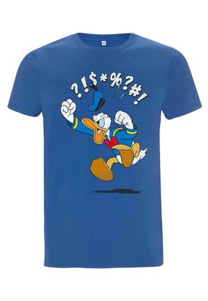 Blauwe katoenen T-shirt met een cartoon eend in een dynamische pose, omringd door expressieve tekstsymbolen voor extra nadruk.