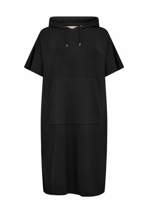 Vestido negro con capucha hecho de un tejido suave, que presenta mangas cortas, un bolsillo frontal y aberturas laterales para mayor facilidad de movimiento.