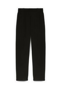 Černé kalhoty se straight leg střihem, vyrobené z měkké tkaniny, s elastickým pasem a bočními kapsami. Minimalistický styl.