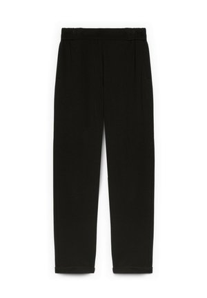 Pantalones negros con un diseño de pierna recta, fabricados en una tela suave, con una cinturilla elástica y bolsillos laterales. Estilo minimalista.