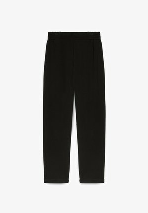Schwarze Hose mit geradem Bein, aus weichem Stoff gefertigt, mit einem elastischen Bund und Seitentaschen. Minimalistischer Stil.