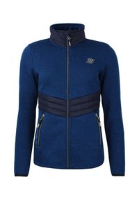 Giacca in pile blu navy con collare alto, chiusura con zip e pannello imbottito sul petto. Presenta tasche laterali con hardware argento e dettaglio del logo.