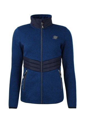 Marineblauwe fleece jas met een hoge kraag, ritssluiting en gewatteerd borstpaneel. Voorzien van zijzakken met zilverkleurige hardware en logo-detail.