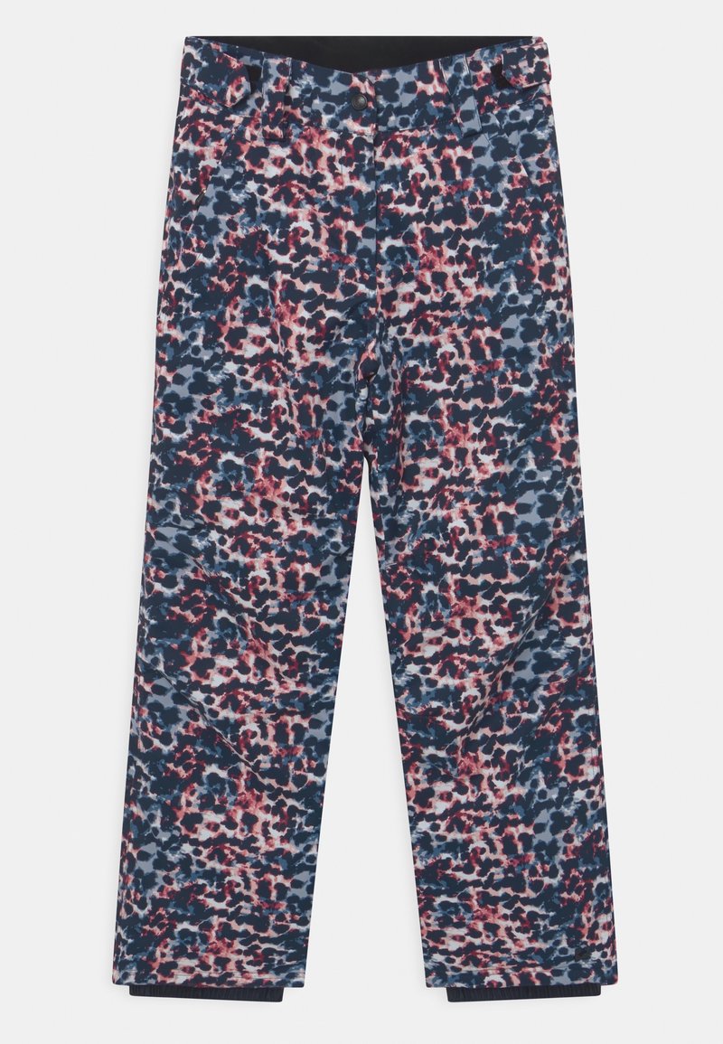 Pantalon à coupe ample avec un motif abstrait tacheté bleu, noir et rouge, bouton sur le devant et poches latérales visibles sur fond blanc.