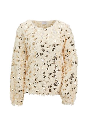 Crème lange mouwen fuzzy trui met verspreide glanzende gouden pailletten en een ronde halslijn.