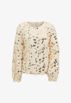Cremefarbener, langärmeliger, flauschiger Pullover mit verstreuten, glänzenden goldenen Pailletten und rundem Halsausschnitt.