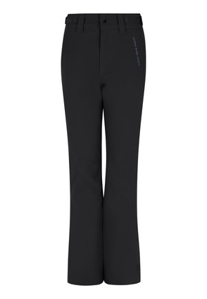 Pantaloni outdoor neri con design a gamba dritta, tessuto avanzato ad asciugatura rapida, ginocchia articolate e dettaglio del logo sul lato.