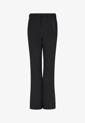 Juodos lauko kelnės su tiesiomis kojomis, pažangi drėgmę valanti medžiaga, suformuoti keliai ir logotipo detalė šone.