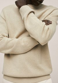 Beiger Strickpullover mit gerippten Bündchen und Saum, ausgestattet mit einem Rundhalsausschnitt und einer weichen, strukturierten Oberfläche.