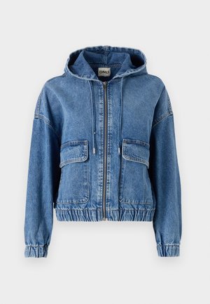 Denim jacket with a hood, two front pockets, zip closure, elastic waistband, and gathered sleeves. Light blue fabric with a faded finish.