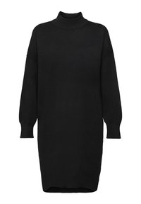 Abito nero a maglia con colletto alto, maniche lunghe e dettagli a coste sulle spalle. Vestibilità ampia, lunghezza al ginocchio, texture liscia.