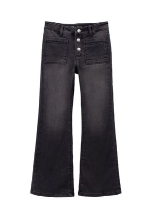 Jean en denim noir évasés avec une finition délavée, dotés de deux poches avant, d'une taille haute et de trois boutons en argent à la taille.