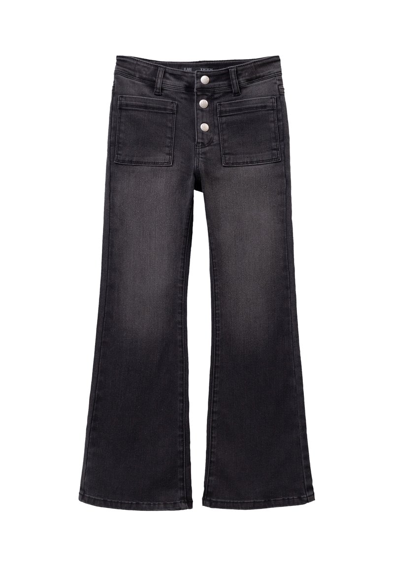 Jeans in denim nero a campana con una finitura sbiadita, dotati di due tasche frontali, vita alta e tre bottoni argentati in vita.