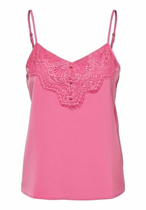 Camisole rose sans manches avec bretelles fines réglables et détails en dentelle avec boutons le long de l'encolure.