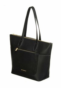 Sac fourre-tout en cuir noir avec une finition texturée, doté de deux longues anses, d'une poche zippée à l'avant et d'accents de quincaillerie dorée.