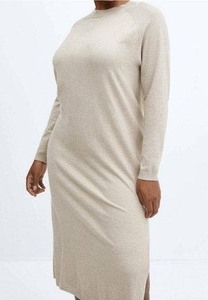Beige long-sleeve midi dress with crew neckline, straight fit, and side slit worn by a person against a plain white background.