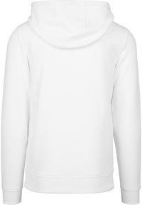 Sudadera blanca con una textura suave, bolsillo canguro en el frente, mangas largas y capucha con cordón. Presenta puños y dobladillo acanalados.