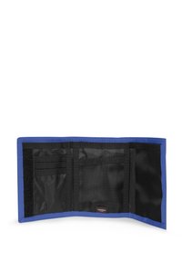 Blue wallet with a black interior, featuring card slots and a mesh pocket. Made from textile material with visible stitching accents.