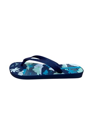 Sandalia chancla azul marino con tiras negras que presenta un estampado tropical de palmeras, pájaros y conchas marinas en la suela.