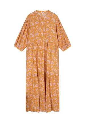 Gele maxi-jurk met bloemenprint en korte pofmouwen, voorzien van roze en witte bloemenpatronen en een elastische tailleband voor een vloeiende pasvorm.