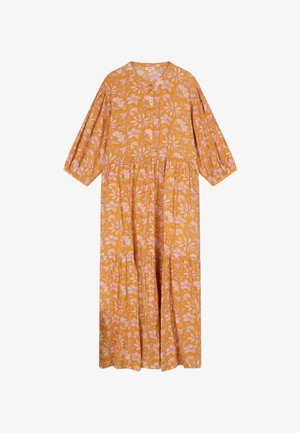 Gele maxi-jurk met bloemenprint en korte pofmouwen, voorzien van roze en witte bloemenpatronen en een elastische tailleband voor een vloeiende pasvorm.