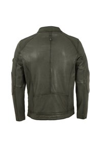 Dunkelgrüne Lederjacke mit glatter Textur, ausgestattet mit einem Stehkragen, Raglanärmeln und dezenten Nahtdetails.