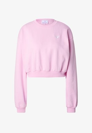 Rosa kurz geschnittenes Sweatshirt mit langen Ärmeln, gerippten Bündchen und abgerundetem Halsausschnitt. Mit einem kleinen weißen Schmetterlingslogo auf der Brust.
