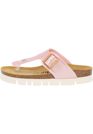 Helle rosa Flip-Flops mit einem weichen Riemen, goldfarbiger Schnalle, Korkfußbett und weißer EVA-Sohle mit strukturierten Rillen.