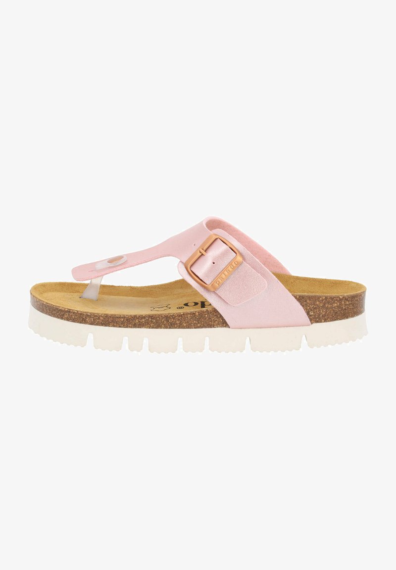 Lyserød thong sandal med en blød strop, guldfarvet spænde, korkfodbed og hvid EVA-sål med teksturerede riller.