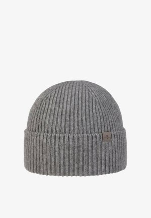 Gray ribbed knit beanie with a folded cuff and a small rectangular brand label on the side.