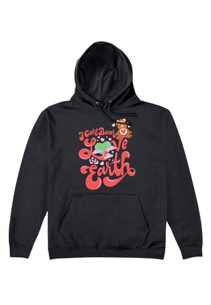 Czarna bluza z kapturem z kolorową grafiką z napisem "Kocham Ziemię, Misiu Care Bear", wzbogaconą o detale w kształcie misia i serca. Miękki materiał, kieszeń typu kangurka.