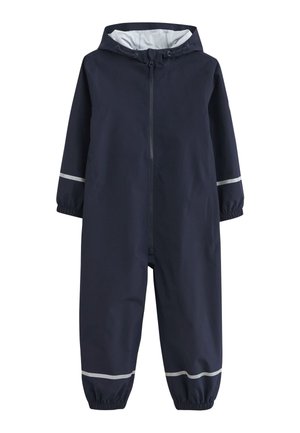 Navyblauer wasserdichter Kinder-Overall mit Kapuze, Frontreißverschluss, elastischen Bündchen und reflektierenden Streifen an Ärmeln und Hosenbeinen.