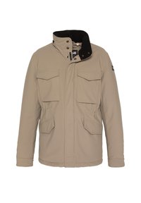 Giacca isolante color sabbia con colletto nero, due tasche sul petto e due tasche laterali. Presenta una chiusura frontale completamente zip e una chiusura a pressione.