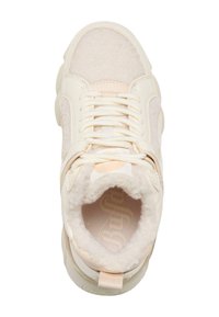 Cremfarbene Sneaker mit einem weichen, pelzigen Innenfutter und Wildlederakzenten. Verfügt über eine abgerundete Zehenpartie, eine Schnürung vorne und eine dicke Sohle.