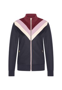 Marintröja med dragkedja och en mock-krage, prydd med ett chevronmönster i burgundy, lavendel och krämfärgad. Två sidofickor med dragkedjor.