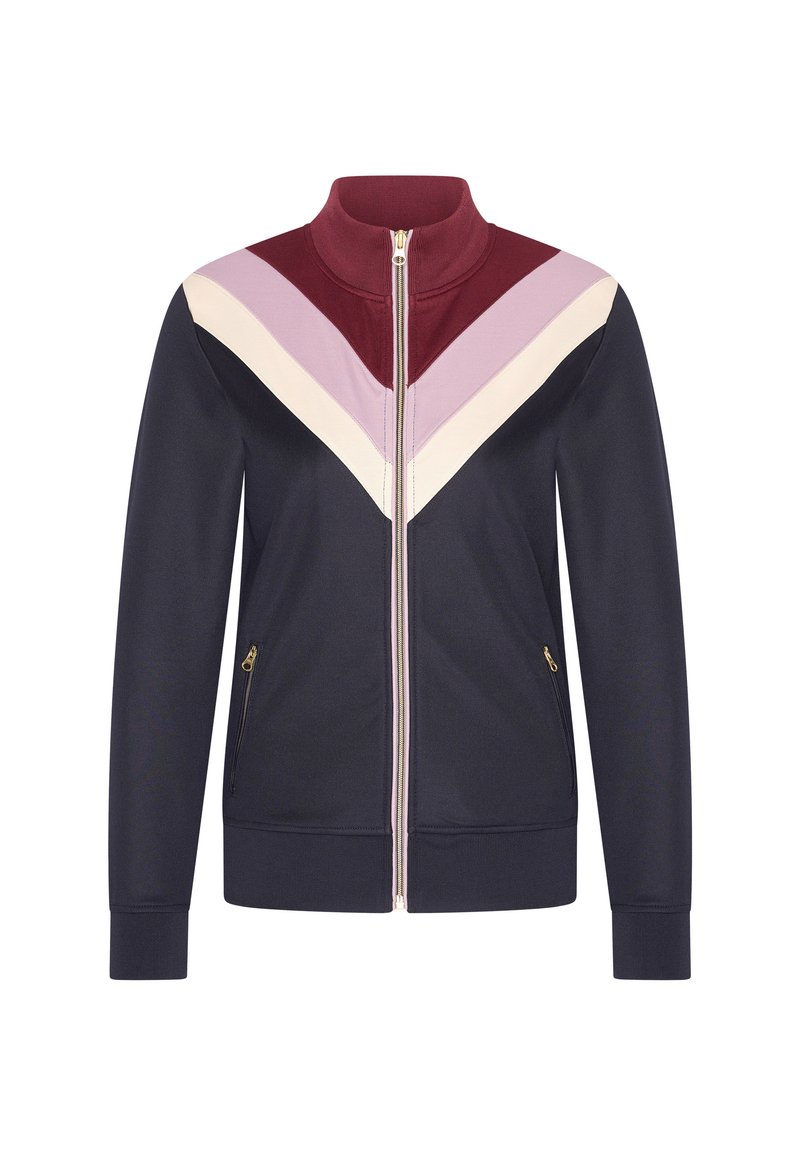 Marintröja med dragkedja och en mock-krage, prydd med ett chevronmönster i burgundy, lavendel och krämfärgad. Två sidofickor med dragkedjor.