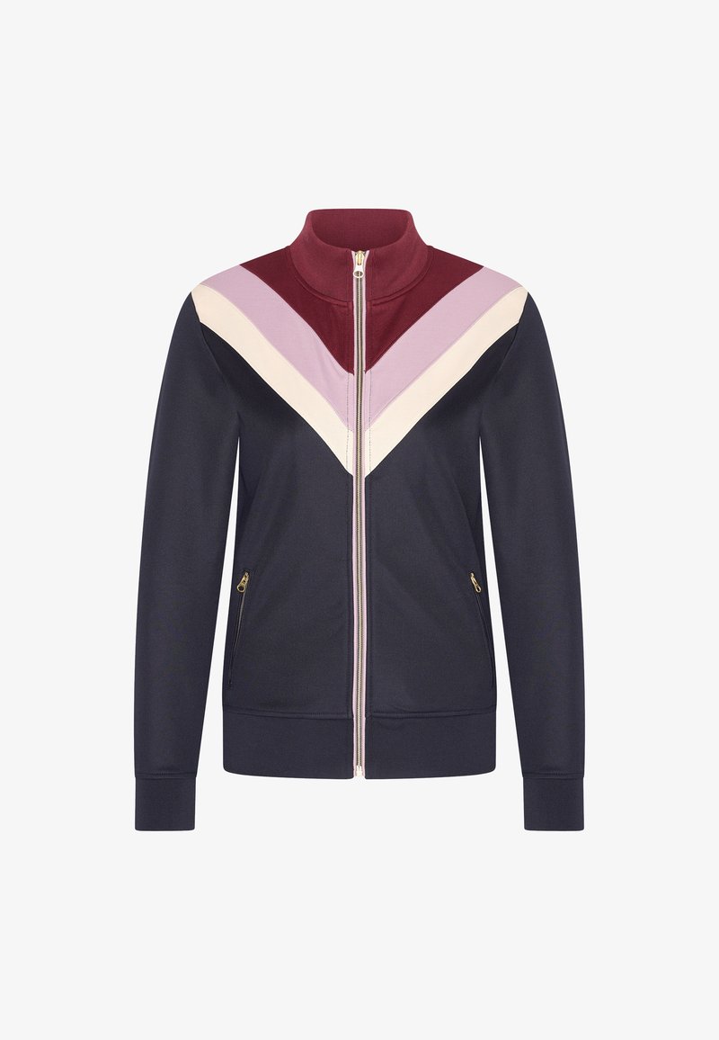 Marintröja med dragkedja och en mock-krage, prydd med ett chevronmönster i burgundy, lavendel och krämfärgad. Två sidofickor med dragkedjor.