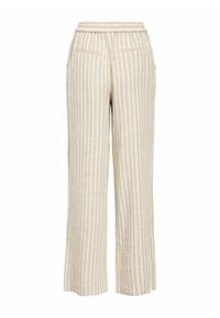 Beige gestreepte broek met wijde pijpen, een elastische tailleband en twee achterzakken, gemaakt van lichtgewicht stof met een gestructureerde afwerking.