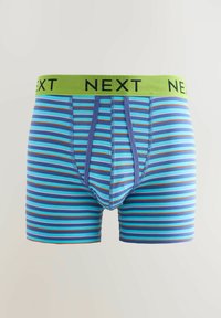 Boxer shorts rayés bleu et turquoise avec une ceinture élastique verte et un logo noir "NEXT". Tissu doux avec une conception frontale supportive.