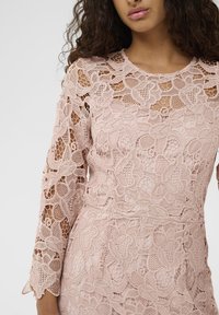 Rochie din dantelă de un roz deschis, cu modele florale intricate, mâneci lungi și decolteu rotund. Overlay din dantelă texturată cu componente transparente.