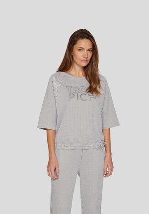 Striped loungewear set featuring a loose-fit top with a round neckline and elasticated waist, in shades of gray and white.