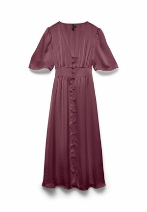 Středně dlouhé šaty v barvě šeříku z jemné látky s krátkými nafouklými rukávy, výstřihem do V a knoflíky na přední straně pro vypasovaný vzhled.